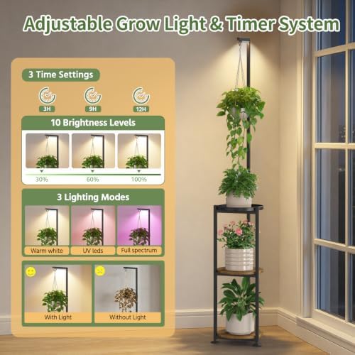 LASZOLA Hanging Plant Stand Shelf Indoor Tall with Light, 3 Tier Black - Image 4