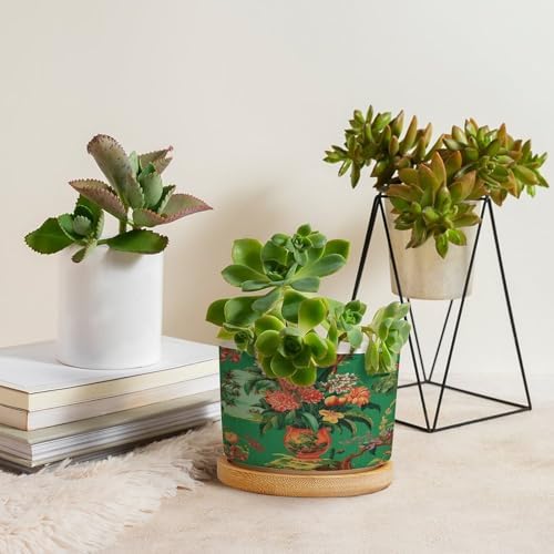 Vase Green Chinoiserie Planter Ceramic Daily Round Plant Pots with Drainage Holes and Bamboo Tray Pot for Pots Outdoor Indoor Plants - Image 4