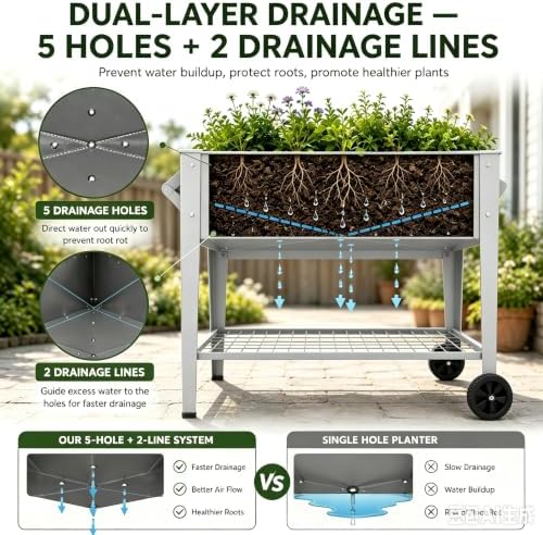 LEETOLLA     Elevate Herb Garden Planter Box Outdoor Raised Planter Box with Legs On Wheels for Vegetables Flower Tomato Patio Backyard - Image 4