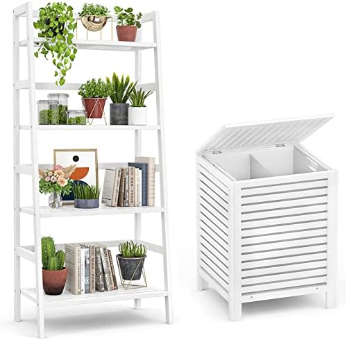 Homykic Bamboo Ladder Shelf and Bamboo Laundry Hamper Bundle, White by Homykic