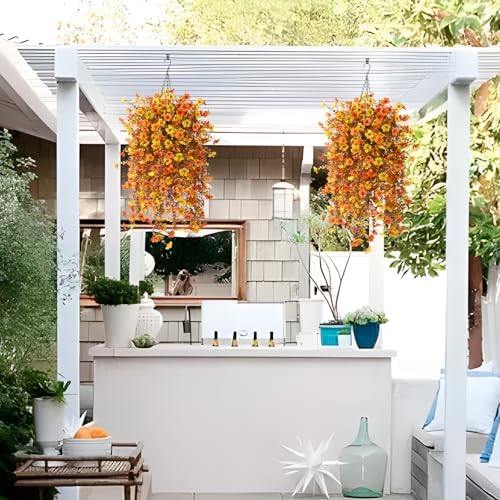 Fake Mums Fall Artificial Hanging Flowers Basket for Outdoor Decoration - Image 4