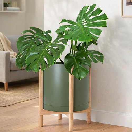 D'vine Dev Plastic Pot with Natural Wood Stand, Olive, 16 in, 55-C-Y-3 - Image 2