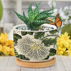 Green and White Floral Planter Ceramic Chinoiserie Flower Round Flower Pots with Drainage Holes and Bamboo Tray Pot for Outdoor Garden Home Plant - Image 6