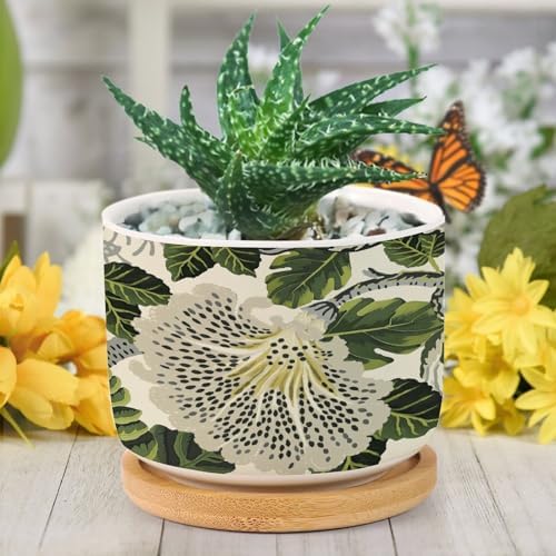 Green and White Floral Planter Ceramic Chinoiserie Flower Round Flower Pots with Drainage Holes and Bamboo Tray Pot for Outdoor Garden Home Plant - Image 6