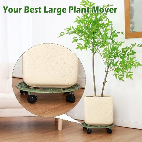 3 Packs 14 Inch Rolling Plant Stand with Wheels Metal Plant Caddy with Wheels Heavy Duty Round Plant Stand Indoor Iron Plants Rollers for Plants, Plant Dolly Retro Green - Image 5