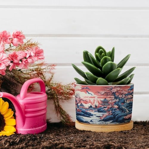 Pink Blue Chinoiserie Planters Ceramic Coral Chinoiserie Chic Asian Round Flower Pots with Drainage Holes and Bamboo Tray Pot for Home Office Decoration - Image 5