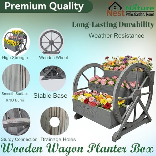 NestNature Wooden Wagon Planter Box|Raised Garden Bed W/Wheels for Plants - Image 5