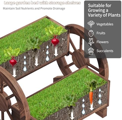 Wooden Wagon Planters for Outdoor Plants, Flower Cart, Wood Planter Boxes Outdoor, Backyard Decor, Flower Planters Outdoor with Wheels Planter for Flowers Vegetables (Carbonized) - Image 6