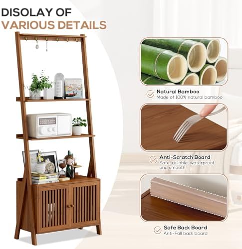 Bookcase with Drawers, Ladder Shelf 4-Tier Bamboo Bookshelf with 6 Hooks - Image 3