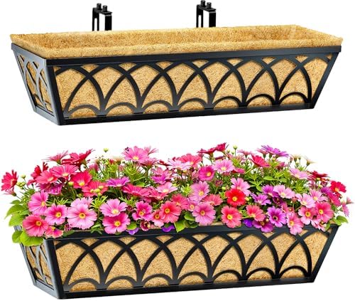 24 Inch Railing Planter Box Window Boxes Planters - 2 Pack Deck Railing Planter Boxes with Adjustable Brackets Coco Liners Balcony Planters Railing Hanging for Window Flower Boxes Outdoor Garden Decor by EINYEXW