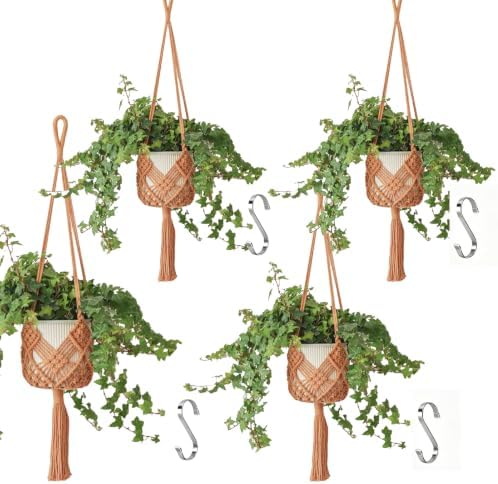 Hanging Planter with Patterns,4Packs Macrame Plant Hangers Indoor Macrame for up to 8 inch Pot Crochet Boho Plant Hanger Holder for Indoor Outdoor with 4 Stainless Steel Hooks (4Pcs Caramel Colors) by XINBOR