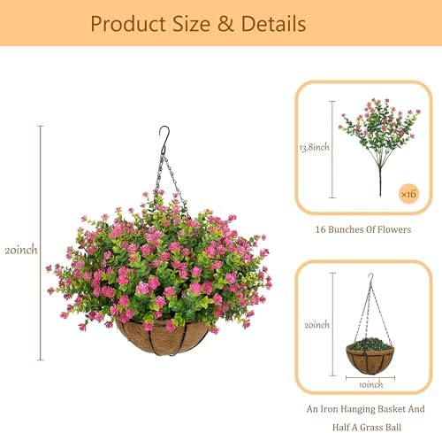 NETAP Artificial Hanging Flowers Basket for Outdoor, 16 Fake Flowers Look Real UV Resistant, Faux Hanging Plants for Porch, Balcony, Patio, Garden, Spring Summer Decor,Pink - Image 5