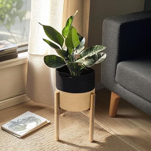 Plant Basket with Stand, Indoor Round Wicker Basket Plant with Bamboo Wood Stand, Decorative Black Woven Cotton Rope Flower Indoor Planter with Legs, Boho Bamboo Wood Planter Holder - Image 3
