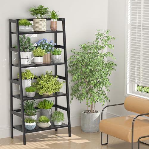 Homykic Black Ladder Shelf, 4-Tier Bamboo Bookshelf & Bookcase Organizer - Image 6