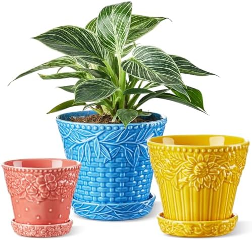Metahom Ceramic Plant Pots, Assorted Colors, Set of 3, Embossed Design by Metahom