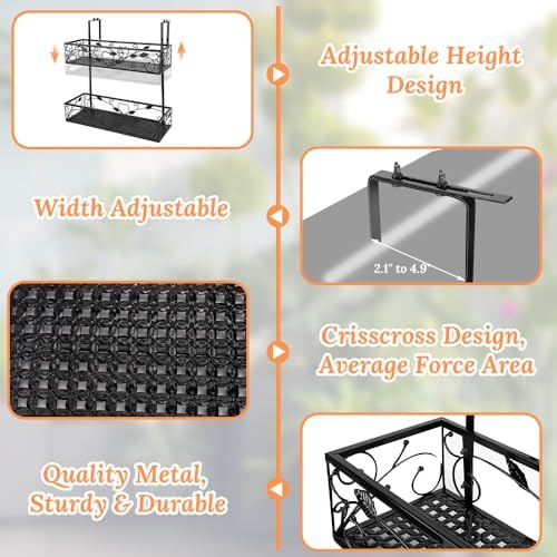 2-Tier Flower Pot Stand Rack, Balcony Railing Planters, Metal Hanging Plant Holder, Adjustable Plants Rack Bucket for Outdoor Patio Porch Fence (Black) - Image 3