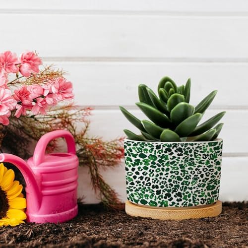 Leopard Green Planters Ceramic Green African Tribal Round Flower Pot with Drainage Holes and Bamboo Tray Pot for Succulents Cactus Garden Windowsill - Image 5