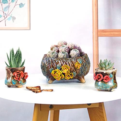 6.3 Inch Succulent Pot Handmade Flower Design Round Ceramic Antique Plant Pot Cactus Pot Planter with Drainge and Mesh Pad (Yellow) - Image 3