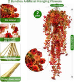 Artificial Fake Hanging Flowers for Fall Outdoors Decor 2 Pack UV Resistant Faux Hanging Plants, Waterproof Realistic Artificial Flowers for Autumn Porch, Balcony, Fence & Planters (Red-orange) - Image 2