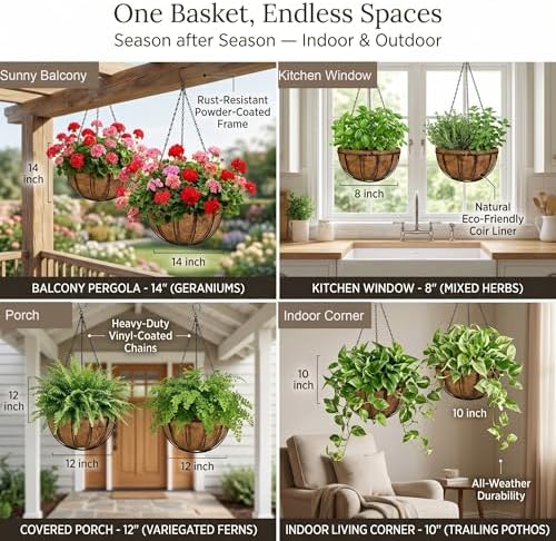Kingbuy 14" Metal Hanging Basket with Coconut Liner – 6.5" Depth, Rust-Resistant Wire for Ferns & Herbs, Adjustable Chains & S-Hook for Balcony Porch Kitchen Window, 2 Pack - Image 2