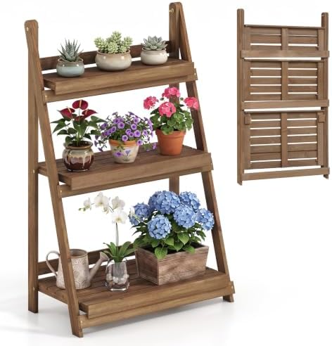 GIANTEX Foldable Wooden Plant Stand, 3-Tier Ladder Plant Shelf, Brown by Giantex