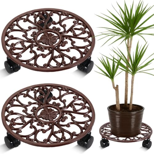 2 Pack 11 In Rolling Plant Stand with Wheels Metal Plant Caddy with Wheels by Planterhoma