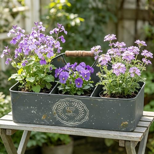 Vintage Metal Planter with Wooden Handle, Rustic Flower Pot with 6 Compartment Farmhouse Plants Holder Succulents Tubs for Garden Patio Yard Outdoor Decor (Blue - 6 Compartment) - Image 6