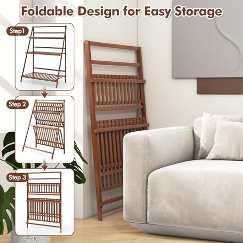 COSTWAY Bamboo Plant Stand, Foldable Multifunctional Flower Display Ladder Shelf, 3-Tier Storage Rack - Image 4