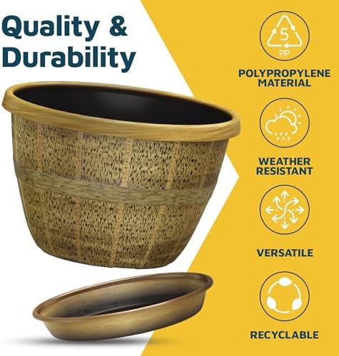 10-Inch Whiskey Barrel Planters Outdoor Pack of 5 - Durable Plastic Plant Pots for Indoor & Outdoor Use with Drainage & Saucer, Lightweight Rustic Barrel Planters for Flowers, Herbs & Small Plants - Image 6