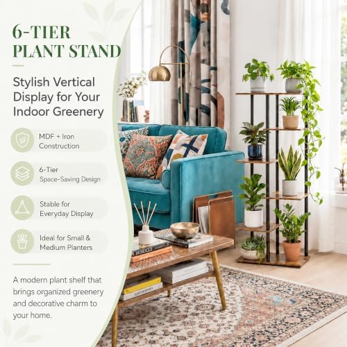 Corner Tall Plant Stand Indoor 6 Tier 8 Potted, Rustic Brown - Image 6