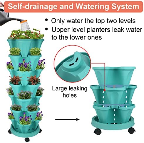 GameXcel Vertical Planter Tower - 7 Tier Stackable Garden Planters with Wheels and Garden Tool Set Plant Pots for Strawberry Herb Flower and Vegetable Indoor Outdoor Use Teal - Image 6