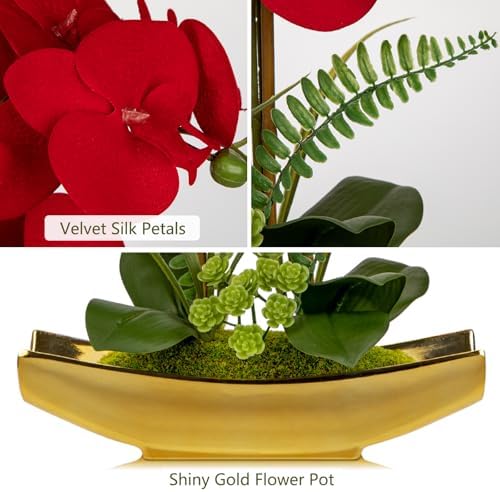 Briful Orchid Artificial Flowers 17" Silk Red Orchid Floral Arrangement with Gold Pot Real Touch Faux Orchid Plant for Home Office Room Kitchen Table Centerpiece Shelf Decor - Image 3