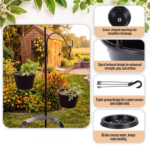 16 Pcs 10 Inch Modern Euro Swirl Hanging Planter Uv-Resistant Plastic Hanging Basket Smart Drainage Lightweight Indoor Outdoor Flower Pots for Garden Porch Balcony Patio Home Decor (Black) - Image 5