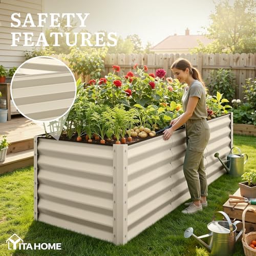 YITAHOME 8x4x3ft Large Raised Garden Bed Kit, Galvanized Metal Planter Box with Gloves, Support Rod & Safety Rubber, Outdoor Above Ground Planters for Plants Vegetables Flowers, Cream Yellow - Image 6