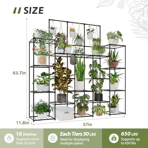 GENTINGBRO Metal Plant Stand Outdoor 63" Tall Plant Shelf for Plants 14-Tier Large Plant Sheves for Indoor Plants Living Room Heavy Duty Rack Garden Balcony Patio Hanging Planter - Image 6