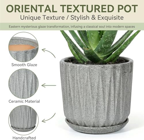 10 Inch Ceramic Planter Pot with Saucer Drainage Leak-Proof Mesh,Flower Pots for Indoor Plants with Gardening Gloves,Ceramic Planter(Stone Grey) - Image 3