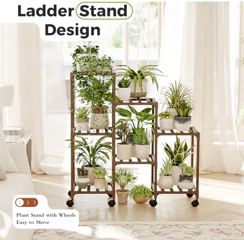 Bamworld Plant Stand with Wheels for Indoor Plants Wood Outdoor Tiered Shelf 3 Tire 7 Potted Ladder Plant Holder Table Pot Stand for Window Garden Balcony Patio Living Room (natureDL) - Image 2