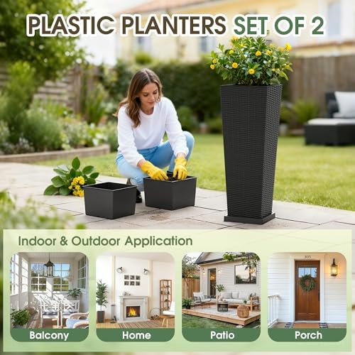 Greesum Set of 2 Tall Plastic Planters with Saucer, 32 Inch, Black - Image 6