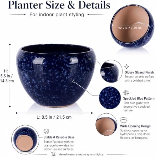 XMGZQ Nebula Blue Starry Sky Ceramic Flower Pot,Wide Opening Thick Rim Planter with Drainage Hole,Modern Bowl Vase for Pothos Snake Plant Succulents,Indoor Home Decor Housewarming Gift (Blue, Medium) - Image 2