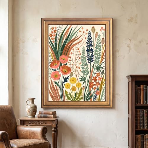 Framed Canvas Wall Art Bohemian Gouache Desert Wildflowers Coral and Green Botanical Canvas Print Poster Gold Frame Wall Decor for Living Room Boho Home Decor, Floral Print - Inch 24x36 - Image 4