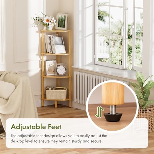 Corner Shelf Stand, 4 Tier Bamboo Corner Organizer, Narrow Tall Bookcase, Corner Shower Caddy, Plant Display Shelf, Open Storage Shelves for Living Room, Kitchen, Office, Balcony, Bathroom - Image 5