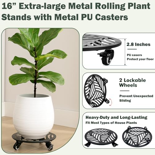 1 Pack 16 inches Extra-Large Metal Plant Caddy with Wheels Heavy-Duty Iron Rolling Plant Stand with Casters Indoor Outdoor Wheeled Plant Roller Base Pot Movers Plant Dolly Coaster Trolley Black - Image 3