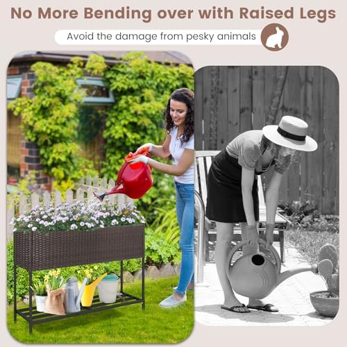 GIANTEX Raised Garden Bed with Legs, 40" x 12" Rattan Elevated Planter Box w/Storage Shelf, Removable Liner, Drainage Gaps for Vegetables, Flowers & Herbs, Outdoor Planting Stand for Backyard Patio - Image 6
