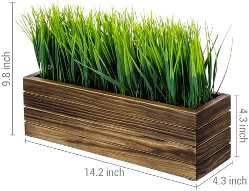 MyGift 14 Inch Artificial Green Grass Plant in Rustic Burnt Solid Wood Rectangular Crate Style Planter Box, Indoor Decor Faux Greenery in Decorative Wooden Container - Image 5