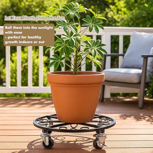 4 Pack Plant Caddy with Wheels 12 Inch Rolling Plant Stand for Large Plants Heavy Duty Plant Rollers Metal Plant Dolly Rustproof Planter Stand Wrought Iron Plant Stands Flower Cart Indoor Outdoor - Image 2