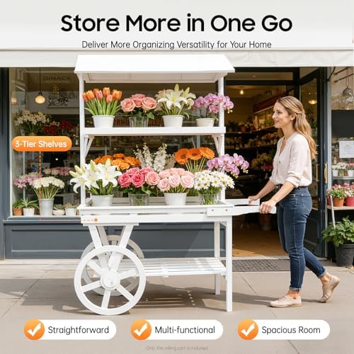 Flower Cart Display Stand with Wheels, 3-Tier Wooden Retro - Image 4