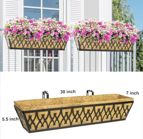 4 Pack 30 Inch Window Boxes Planters Railing Planter Box with Adjustable Brackets for Porch Fence Patio Balcony Hanging Flower Baskets with Coco Liners for Outdoor Garden Decor - Black - Image 6
