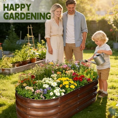 Galvanized Raised Garden Bed Outdoor, Large Raised Bed for Gardening, 2Pcs 4x2x1ft Oval Metal Planter Box for Vegetables, Fruits, Flowers, Dark Brown Wood Grain - Image 4