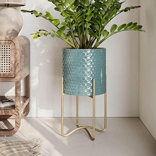 EverNest Mid-Century Modern Rhys Honeycomb Embossed Planter Pot with Ambrose Stand, Metal Indoor Plant Pots, Blue Green Bohemian Style (Medium 2 Gallon) - Image 3