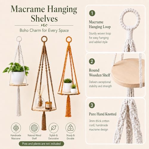 Macrame Hanging Planter with Shelf, Boho Plant Hanger for Indoor Window - Image 3